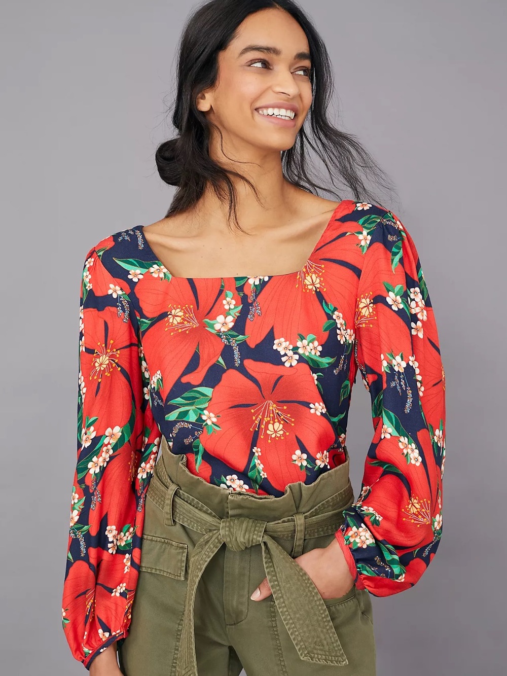 NWT Anthropologie Farm Rio Puff Sleeve Floral Blouse Tropical Hibiscus Red Large